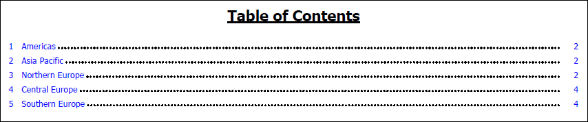 an example report showing five regions and their page numbers