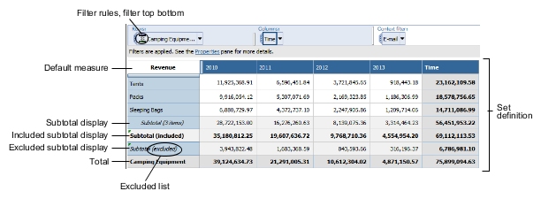 an Analysis Studio crosstab showing the filter rules, default measure, set definition, subtotals, totals, and excluded list