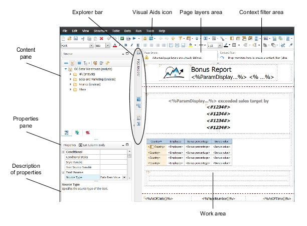 the Report Studio user interface