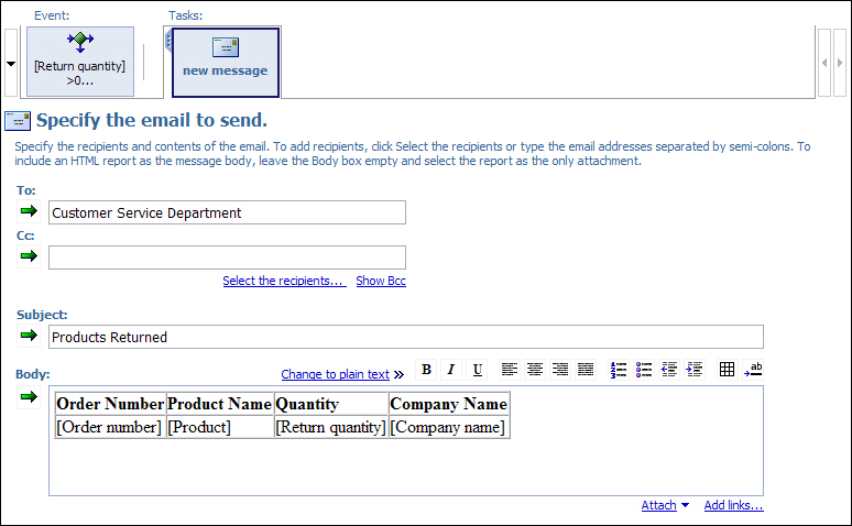 A screen capture of the dialog in Event Studio to specify the email to send. The body of the email contains the table with four columns and two rows.