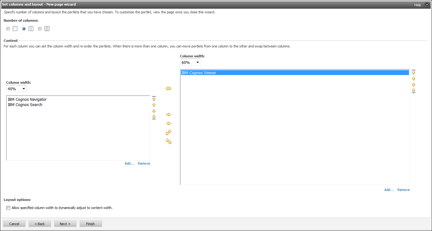 A screen capture of the new page wizard showing Cognos Viewer in the right pane.