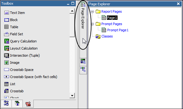 A screen capture of the Source pane and the work area showing the cursor over the Page Explorer.